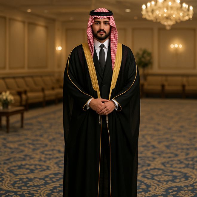 عريس سعودي يرتدي بشت أسود بخيوط ذهبية فوق بدلة رسمية في
قاعة زفاف، غترة حمراء وعقال أسود