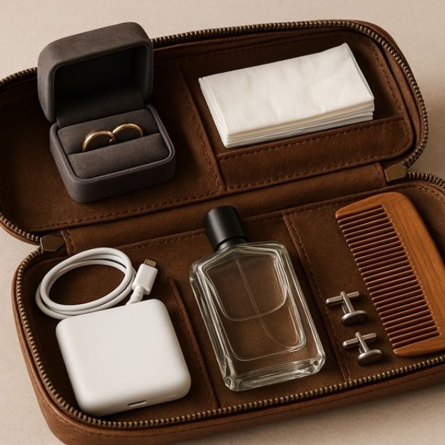 حقيبة عريس جلدية مفتوحة مرتبة تضم علبة خواتم مخملية،
مناديل، شاحن متنقل بسلك، عطر صغير، مشط خشبي وأزرار أكمام.