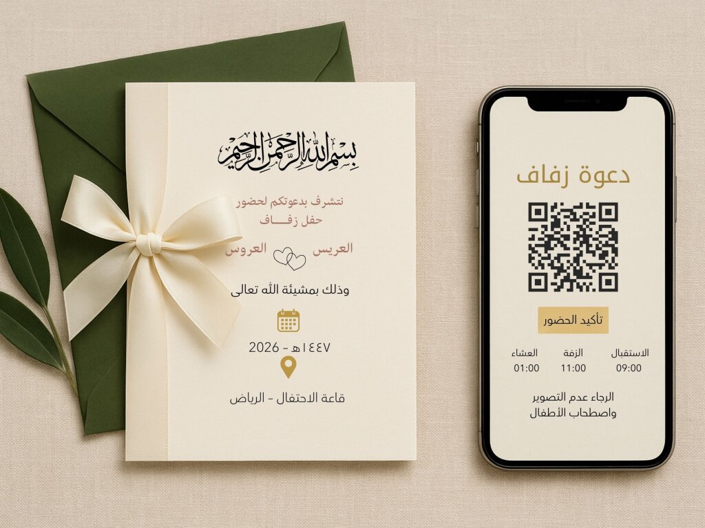 دعوات زفاف رقمية وتراثية 2025–2026: بطاقة إلكترونية مع qr وrsvp وكروت عربية أنيقة