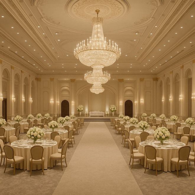 قاعة زفاف فاخرة بثريات كريستال وممر عريض بين الطاولات
توضح شكل قاعة أفراح مثالية لحفل زواج راقٍ في السعودية