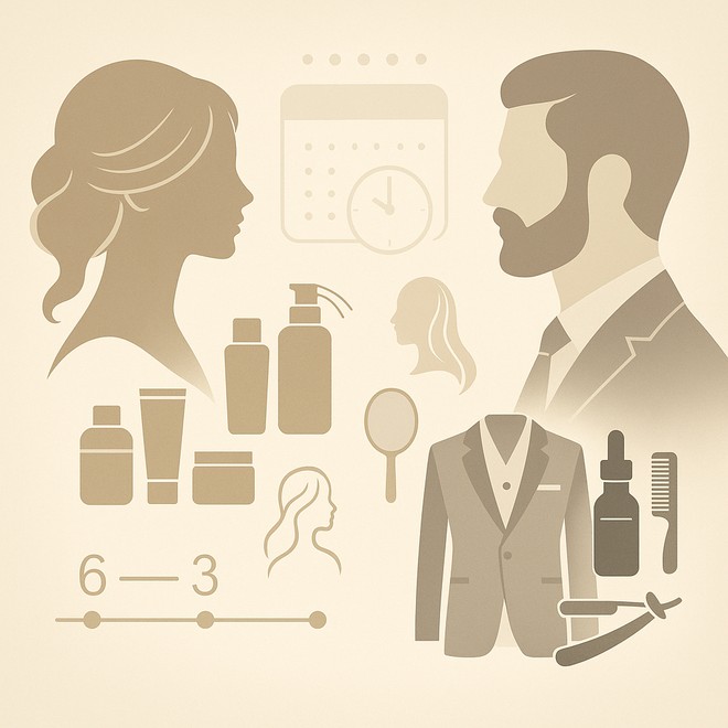 إنفوجرافيك تحضيرات ما قبل الزفاف للعروس والعريس، خط
زمني ٦–٣ أشهر، عناية بالبشرة واللحية والليزر، فستان وبدلة، تقويم
وخلفية هادئة